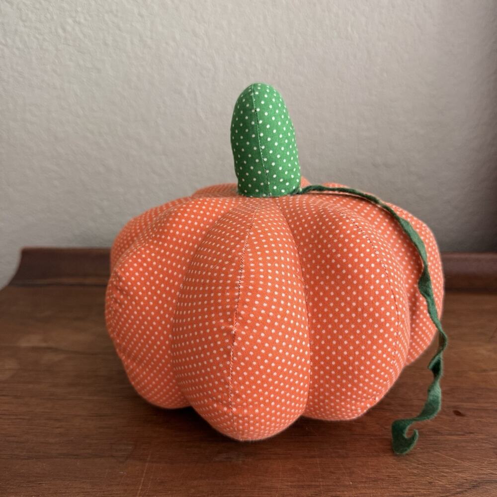 Homemade Pumpkin Throw Pillow Orange Green White Polka Dot 6 in